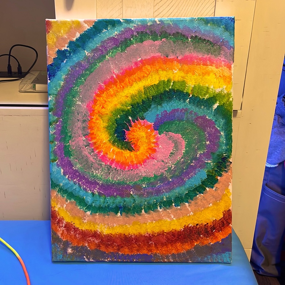 Painting on canvas. Colors: orange,purple,pink,green,yellow,blue,red,salmon